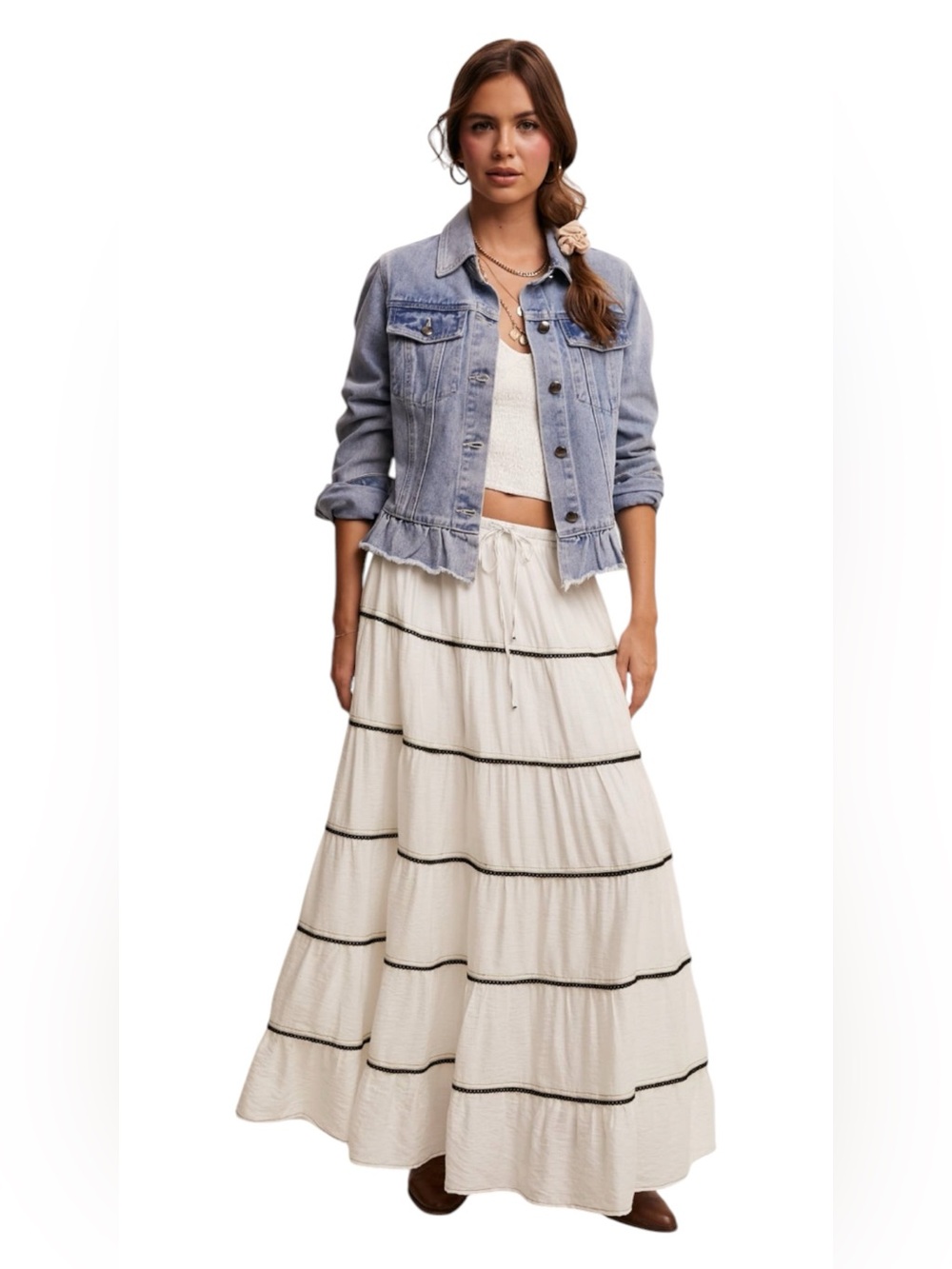 NWT- Listicle White & Black Boho Maxi Skirt Large